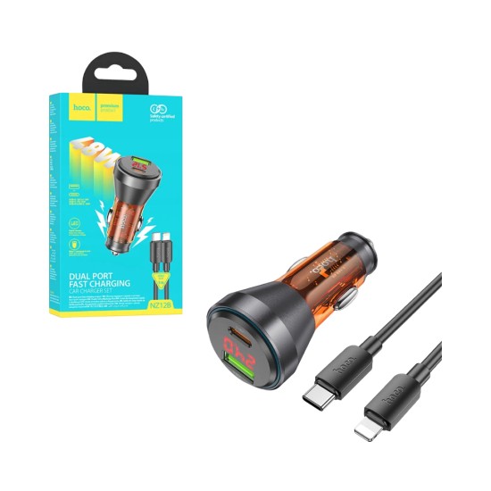 Hoco Car Charger NZ12B Unimpeded 2 Port USB+Type-C 48W with Type-C to Lightning 1M Transparent Orange